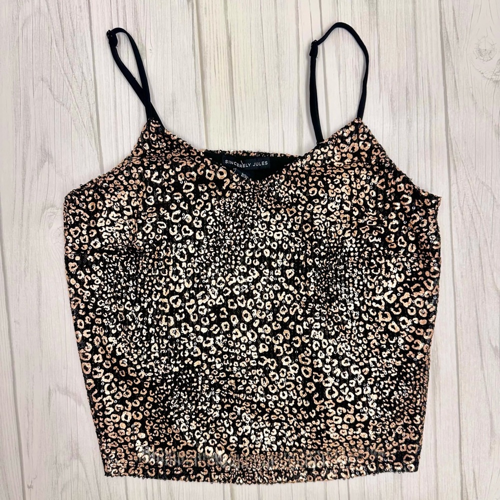 Sincerely Jules Rose Gold & Black Sequined Leopard Print Lined Cami | Size M - Picture 2 of 7